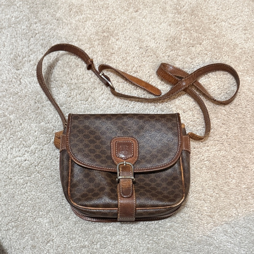 Vintage Celine Brown Patterned Leather Crossbody Bag